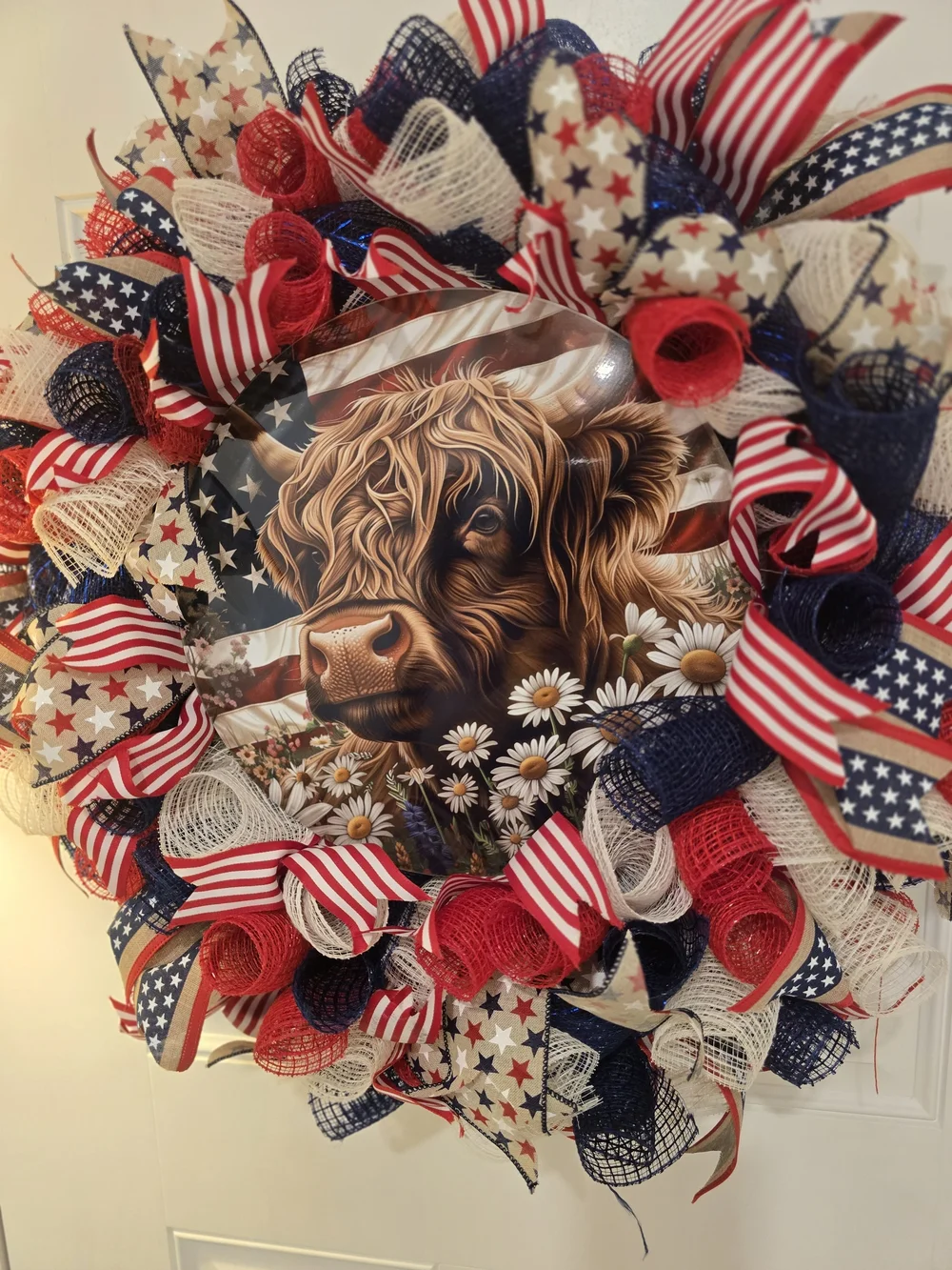 Patriotic Cow Floral Wreath - Red, White & Blue Highland COW uSA